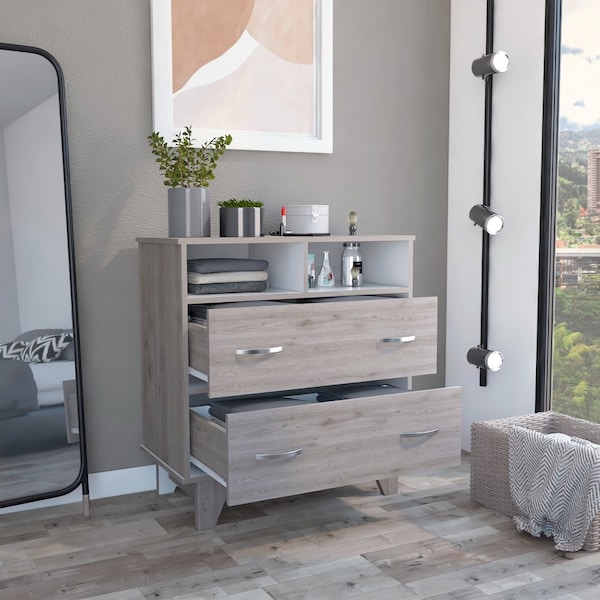Tuhome Portanova Two Drawer Dresser, Two Open Shelves, Superior Top, Four Legs, Light Gray/White CZB6740 - main